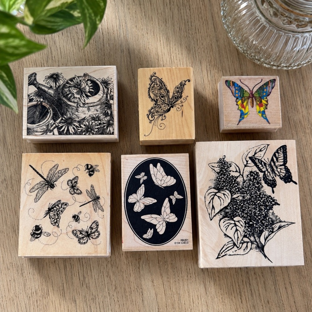 Vintage Butterfly Nature Rubber Stamp Collection Lot 6 Oversized Wood Mounted